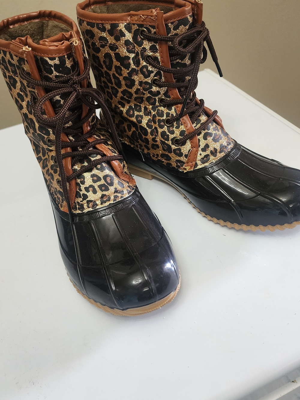 Sugar Leopard-Print Duck Boots - Black & Brown